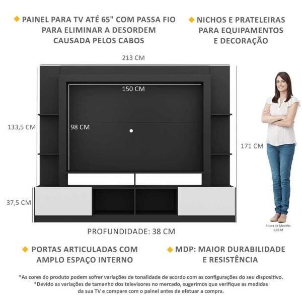 Rack Estante com Painel TV 65 Polegadas e 2 Portas Oslo Multimóveis Preto/Branco - 3