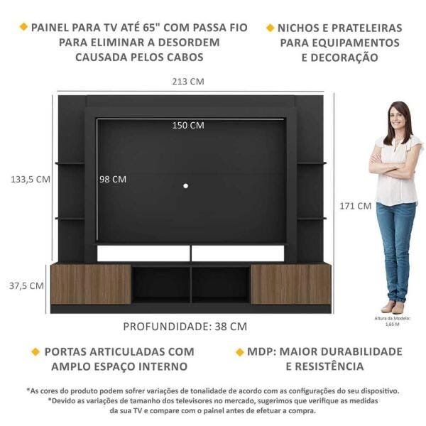 Rack Estante com Painel TV 65 Polegadas e 2 Portas Oslo Multimóveis Preto/Madeirado - 3