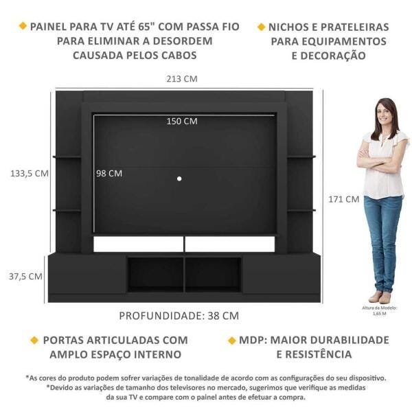 Rack Estante com Painel TV 65 Polegadas e 2 Portas Oslo Multimóveis Preto - 3