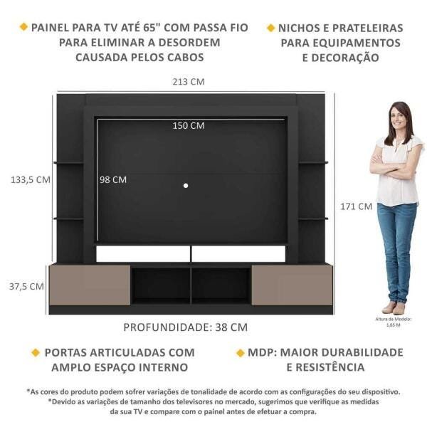 Rack Estante com Painel TV 65 Polegadas e 2 Portas Oslo Multimóveis Preto/Lacca Fumê - 3