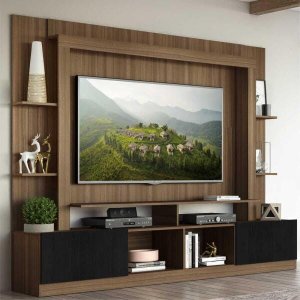 Rack Estante com Painel TV 65 Polegadas e 2 Portas Oslo Multimóveis Madeirado/Preto