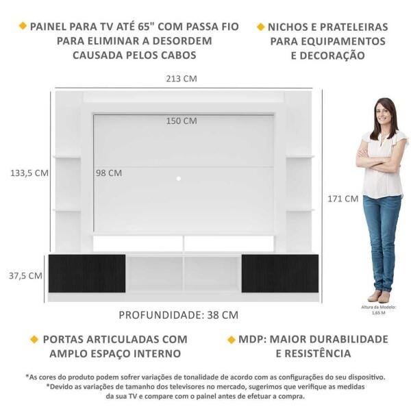 Rack Estante com Painel TV 65 Polegadas e 2 Portas Oslo Multimóveis Branco/Preto - 3