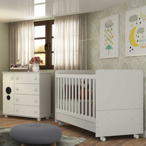 Quarto de Bebê com Berço com Colchão Incluso e Cômoda Pimpolho Multimóveis Branco