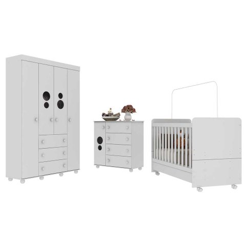 Quarto de Bebê  Berço com Colchão Cômoda e Guarda-Roupa Pimpolho Multimóveis Branco