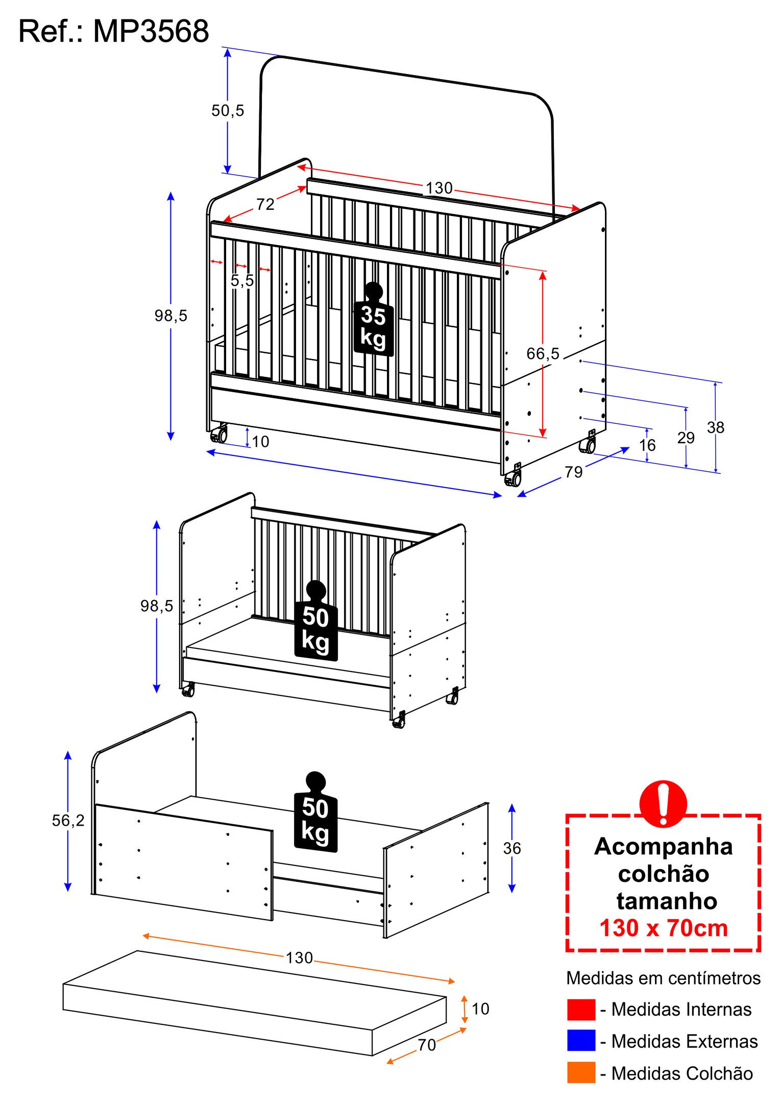 Berço Americano 3x1 com Colchão Incluso e Rodízios Pimpolho Branco - 5