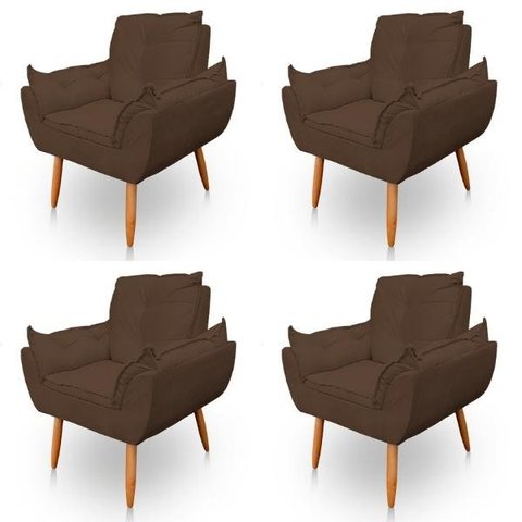 Kit 4 Poltrona Decorativa Opala Pés Palito Veludo Marrom - Kimi Design