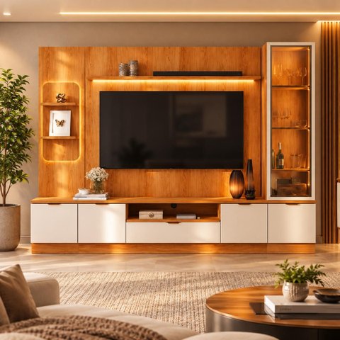 Home para TV até 75" com Cristaleira e LED Atenas Jequitibá/Off White Lukaliam