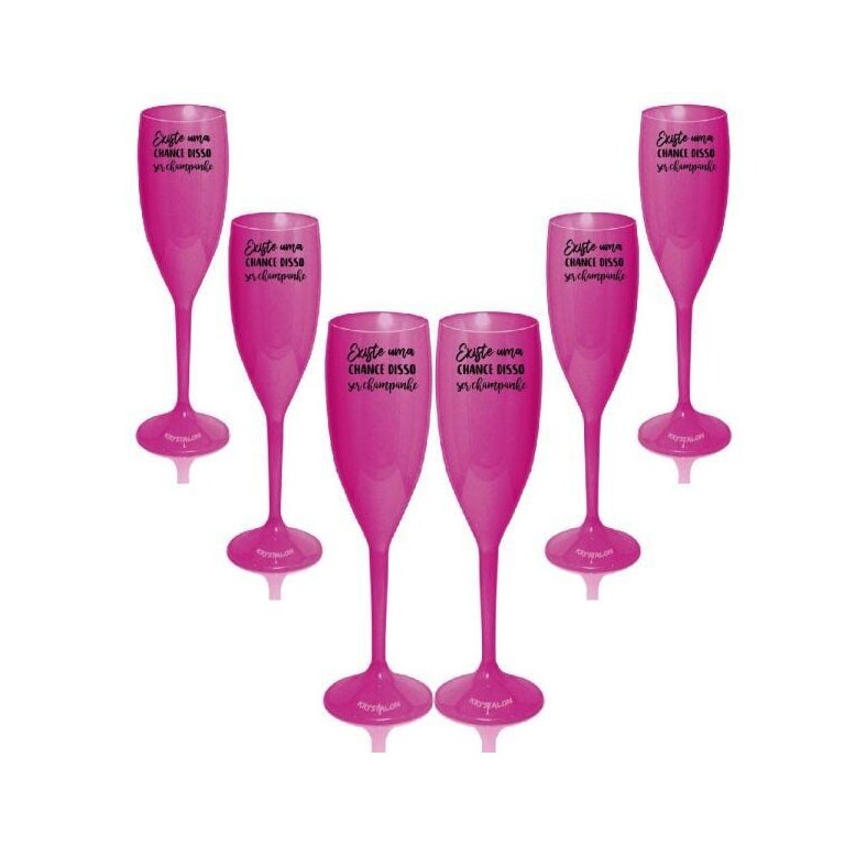 Kit 6 Taças Champanhe Rosa Acrílico Personalizadas - Chance de Ser