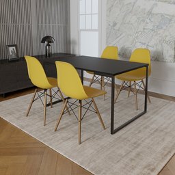 Mesa Industrial Base de Ferro Preto Tampo 137x90 Preto 4 Cadeiras Eames Madeira Assento Amarelo - 1