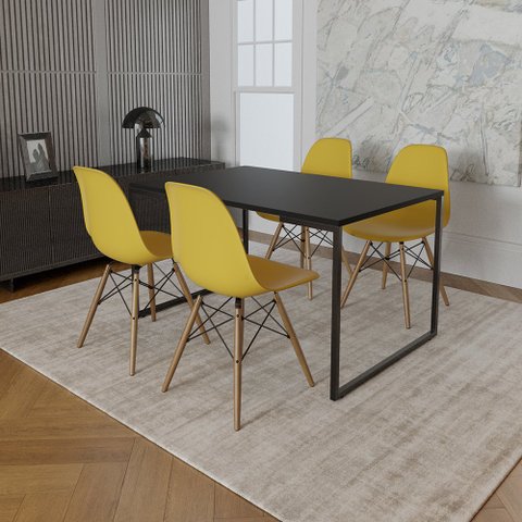 Mesa Industrial Base de Ferro Preto Tampo 137x90 Preto 4 Cadeiras Eames Madeira Assento Amarelo