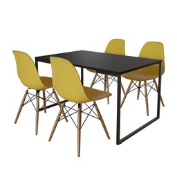 Mesa Industrial Base de Ferro Preto Tampo 137x90 Preto 4 Cadeiras Eames Madeira Assento Amarelo - 2