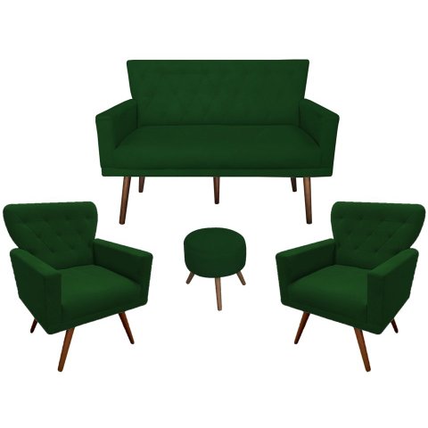 Kit Namoradeira + 2 Poltronas Decorativa Aurora + Puff Redondo Suede Verde Pés Madeira Mz Decor