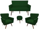Ver imagem 1 de Kit Namoradeira + 2 Poltronas Decorativa Aurora + Puff Redondo Suede Verde Pés Madeira Mz Decor