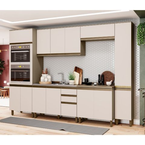 Cozinha Completa 306,5cm 6 Peças com Paneleiro 14 Portas 2 Gavetas Connect Henn - Duna/cristal