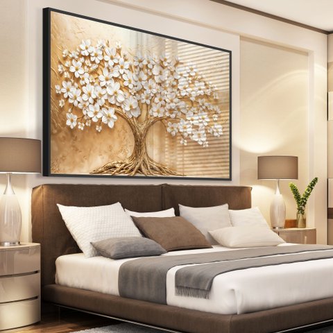 Quadro Decorativo Árvore com Flores Brancas Sala Quarto Casa Escritório