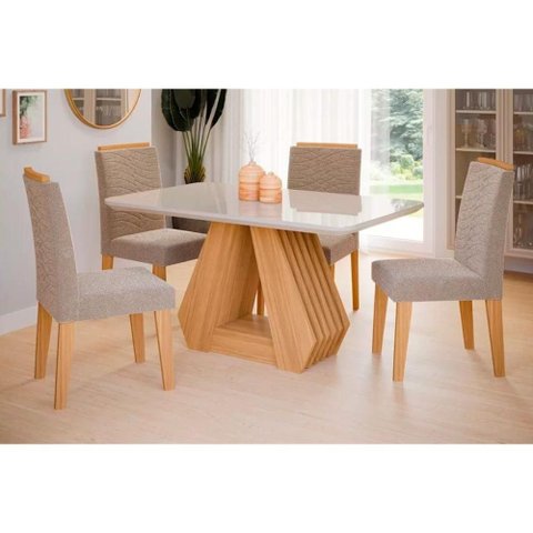 Conjunto: Mesa de Cozinha Ágata C/ Tampo Madeirado C/ Vidro 130x80cm e 4 Cadeiras Clarice Madeirado