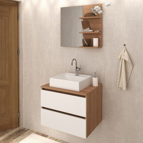 Conjunto Para Banheiro Armarios Com Cuba E Espelho BN8 Amendoa Branco Tecno Mobili