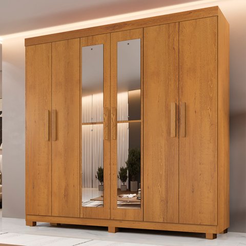 Guarda-Roupa Casal 6 Portas 3 Gavetas com Espelho MDF Parma Yescasa Marrom/Cinamomo