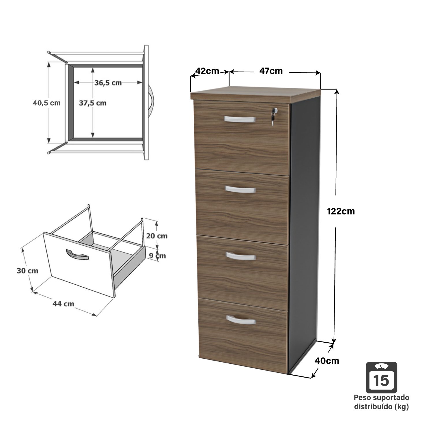 Arquivo 4 Gavetas 30mm - Nogal/preto - 5