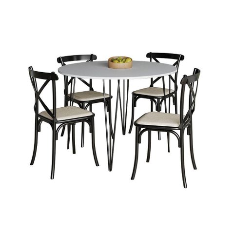 Mesa com 4 Cadeiras Katrina Preta Elen Hairpin 110cm Jantar Branca com Ferro Preto - Cor: Preto