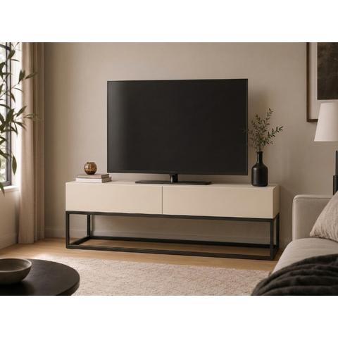 Rack Eros 140cm Off White Pés de Ferro Preto Ideal para TV até 50