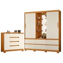 Ver imagem 1 de Guarda Roupa Solteiro Atena 02 Portas de Correr com Espelho e Cômoda Sapateira Atena Cinamomo Off Wh