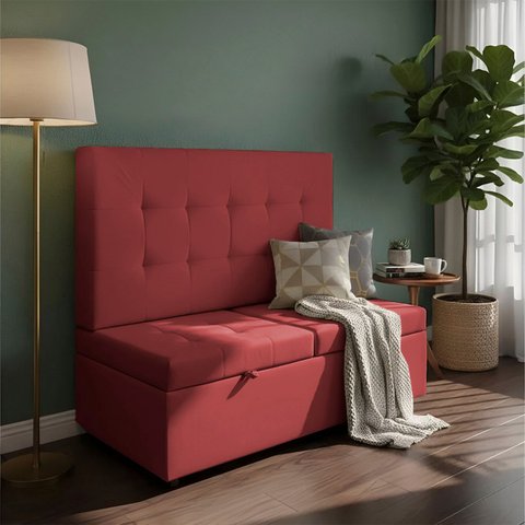 Canto Alemão Recamier Bau + Painel Madri 120cm Suede Bordo - Inova Decor