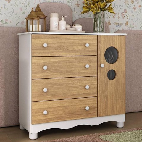 Cômoda Infantil 95cm 1 Porta com Vidro e 4 Gavetas Suspiro Multimóveis Mp4459 Branco/madeirado
