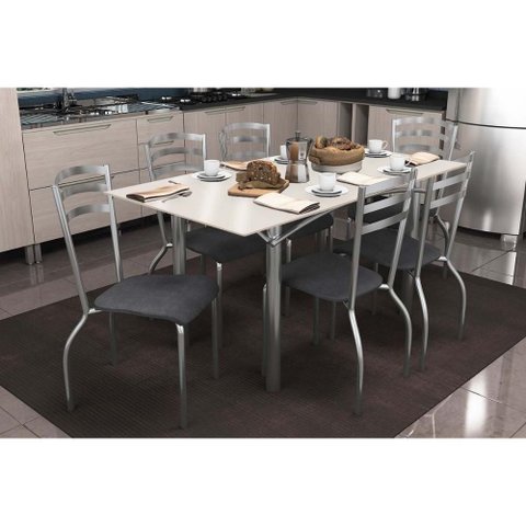 Conjunto: Mesa de Cozinha Elba Tampo Madeirado C/ Vidro 160cm e 6 Cadeiras Portugal Cromada/off