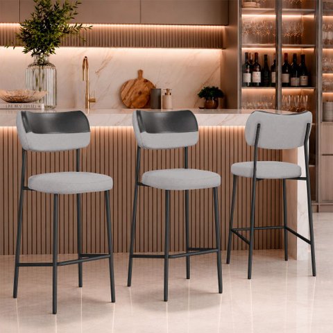 Kit 3 Banquetas Baixa Sala de Jantar Lisa Pés Preto Linho/PU Cinza/Preto m² - Monari Design