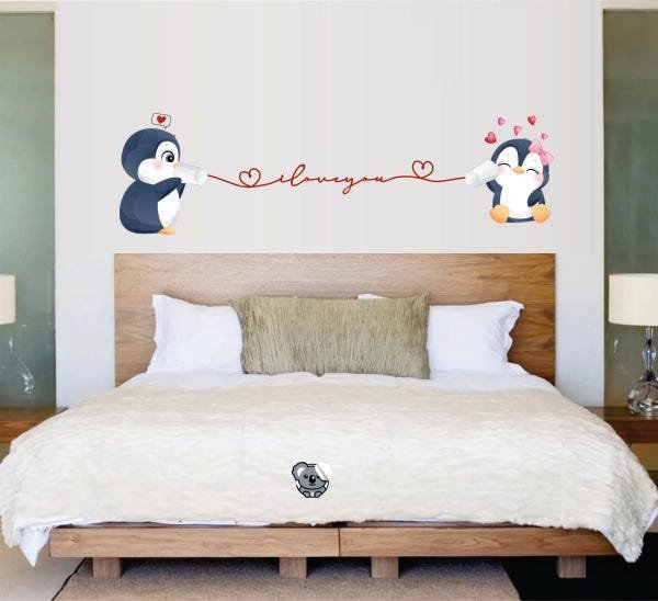 Adesivo Cabeceira de Cama Casal I love you Pinguins