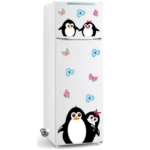 Adesivo Decorativo para Geladeira Pinguins e Flores