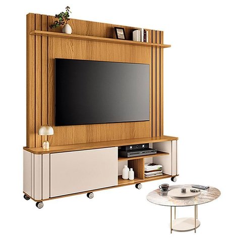 Estante Home Theater Trinus Cinamomo Off White com Mesa de Centro Sky com Tampo de Vidro Off White -