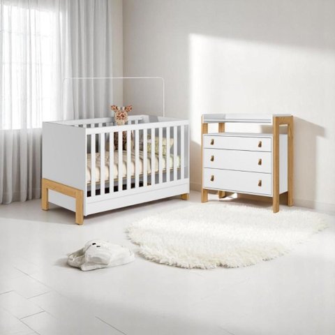 Conjunto Infantil Alegria Branco Acetinado: Berço Alegria Mini Cama + Cômoda Alegria + Guarda-