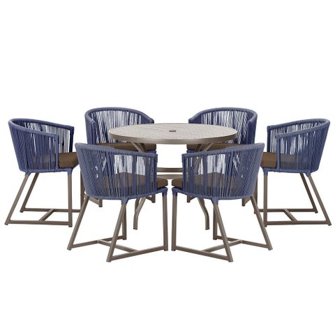 Mesa com 6 Cadeiras de Jantar Roma 120cm e Noronha em Alumínio Marrom Corda Náutica Estofado 9 Trama