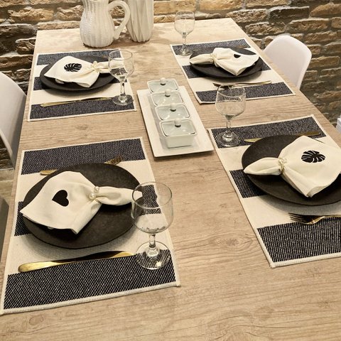 Jogo Americano Boho Listrado 33x50cm Preto/Off White 4 Peças
