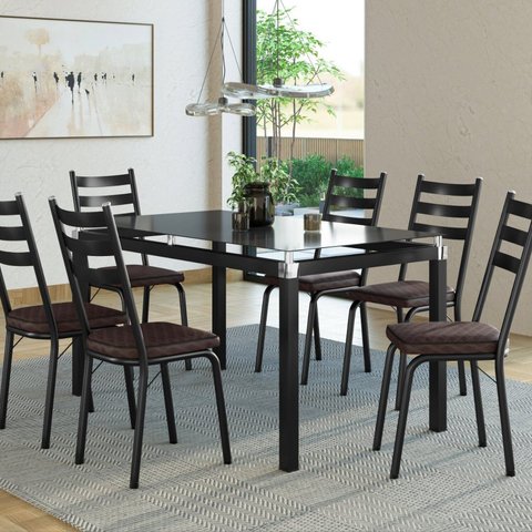 Conjunto Mesa Malva 140x80cm com 6 Cadeiras New Preto/Cacau
