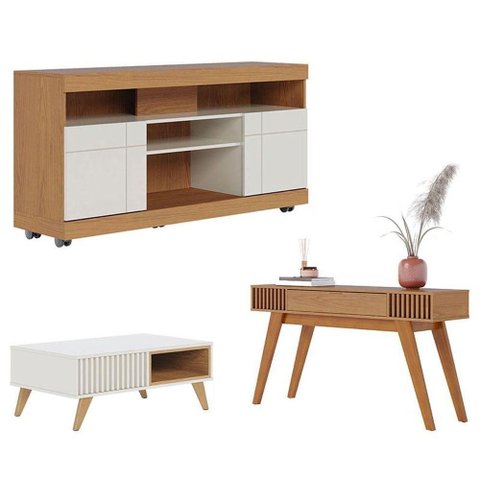 Rack Bancada Yara Freijó Off White com Mesa de Centro Jeri Off White Freijó e Aparador Riviera