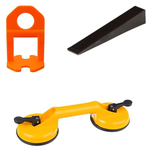 Ventosa Dupla para Vidro Mármore Metal Piso + Nivelador 3mm Laranja 100 Un + Cunha 50 Un.