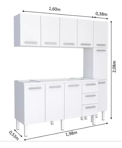 Conjunto Cozinha Completo para Pia 1,60metros Gabinete 3 Gavetas + Aéreo + Paneleiro 100% em Aço - V - 3