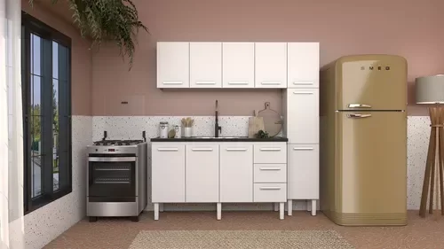 Conjunto Cozinha Completo para Pia 1,60metros Gabinete 3 Gavetas + Aéreo + Paneleiro 100% em Aço - V - 1