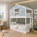 Ver imagem 1 de Beliche Solteiro Casinha Dos Sonhos Varanda Madeira Maciça Branco e Azul Housin
