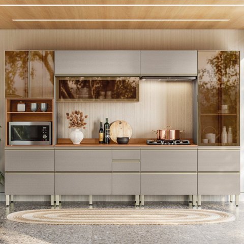 Cozinha 330cm x 218,5cm Aéreo Rft Pnl e Crt 6 Peças Proença Bege/Nogueira/Nude Prime Tx