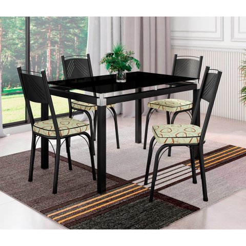 Conjunto De Mesa Tubular Malva Com 4 Cadeiras 151 Tampo De Vidro 107cm SF Preto Fosco Assento Cedro 