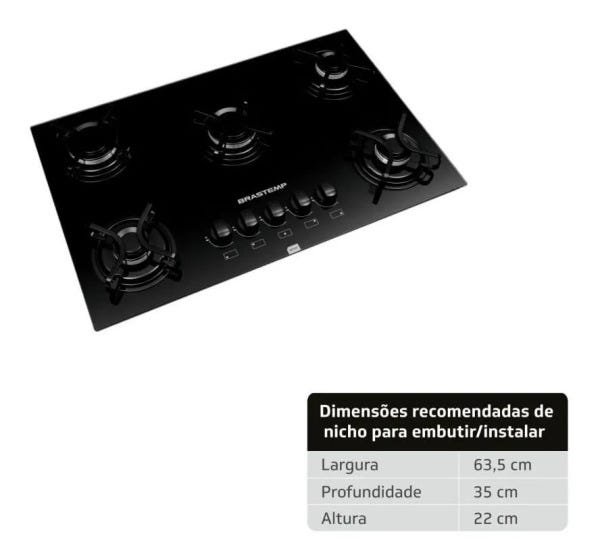 Fogão Cooktop 5 Bocas Mesa de Vidro com Grade Piatina Preto Bdd75Euna