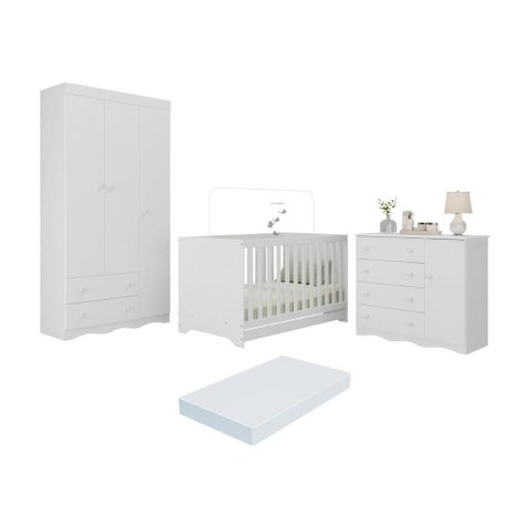 Quarto de Bebê Completo Berço Americano 3 em 1 Colchão Realeza Multimóveis Mp4607 Branco