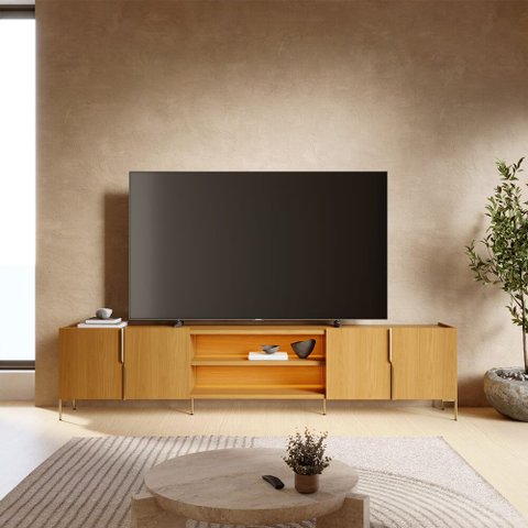 Rack TV Bancada 243cm 4 Portas Pé Metálicos com LED Jasmine C04 - D'Rossi
