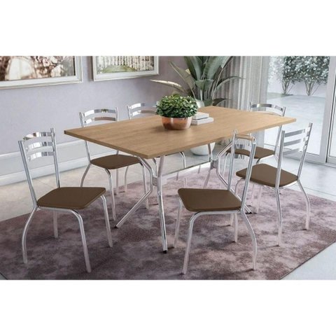 Conjunto: Mesa de Cozinha Loire C/ Tampo de Madeira 160cm e 6 Cadeiras Portugal Cromada/nogueira -