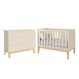Jogo de Quarto Infantil Classic Cômoda 6 Gavetas e Berço Areia Fosco com Pés Madeira Natural - - 1