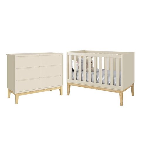 Jogo de Quarto Infantil Classic Cômoda 6 Gavetas e Berço Areia Fosco com Pés Madeira Natural -